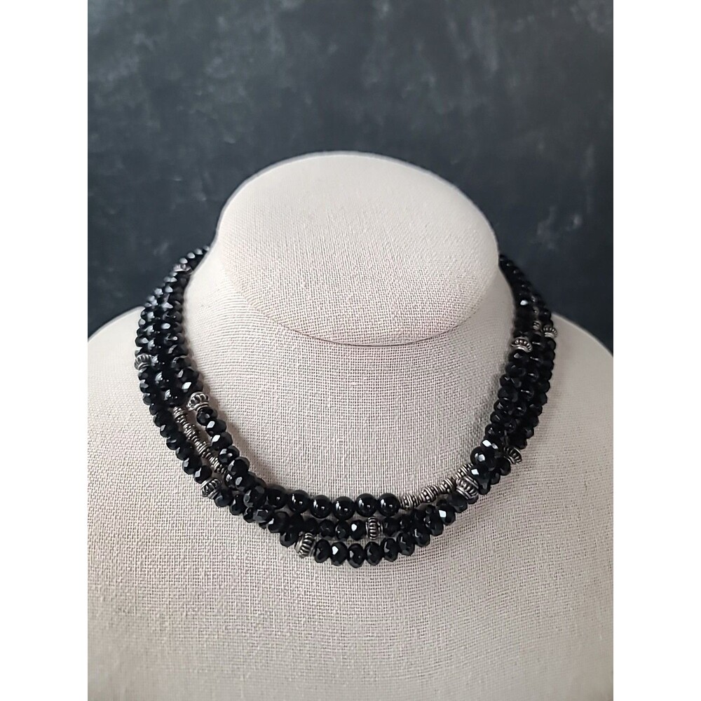 925 Sterling Silver Beads & Black Crystal Beaded Multistrand Choker Necklace